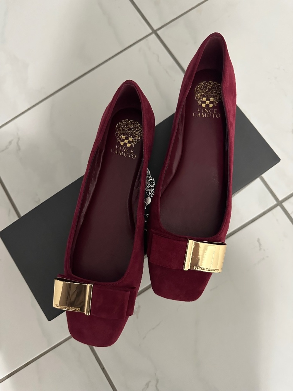 Vince Camuto Veriyla Burgundy Suede Square Toe Bow Flats - Brand New